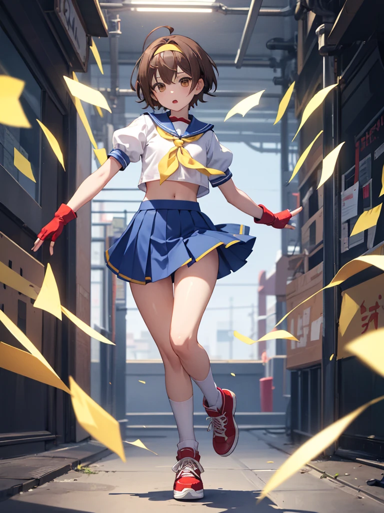 masterpiece, best quality, 1 girl, solo, , flat chest, brown eyes, brown hair, short hair, bangs, ahoge, headband, , puffy sleeves, crop top, yellow neckerchief, blue skirt, fingerless gloves, thighs, white socks, red footwear, full body