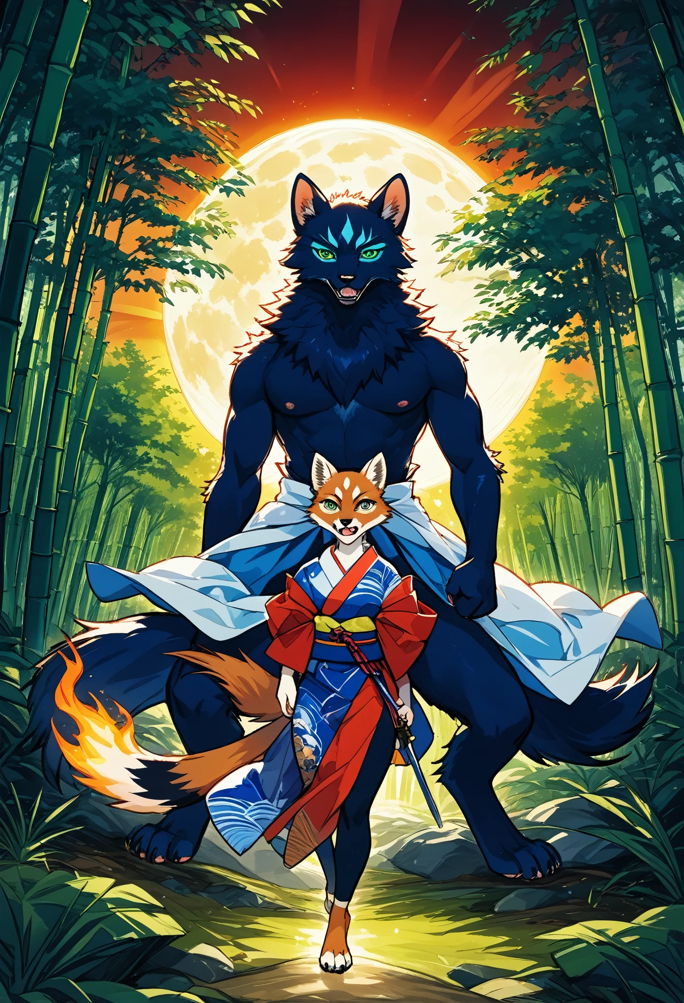 Top quality ultra-fine illustrations, movie posters, Zatoichi, Blind Swordsman(bamboo forest, dark night with beautiful full moon, rays of light through bamboo, backlighting, Tyndall phenomenon)(beautiful face and eyes, down to the details)Absurd perfect anatomy((Beastman))(furry, pairs, boy with girls on his back, Japan kimono, ninja, sword with blue flames, battle duels, concentration lines)(Furry Antro: 1.7)((((Furry body, animal facial features, animal body features)))) (((((Highly detailed fur of the animal)))))full body, sturdy look, shouting, combat regime (dynamic pose),