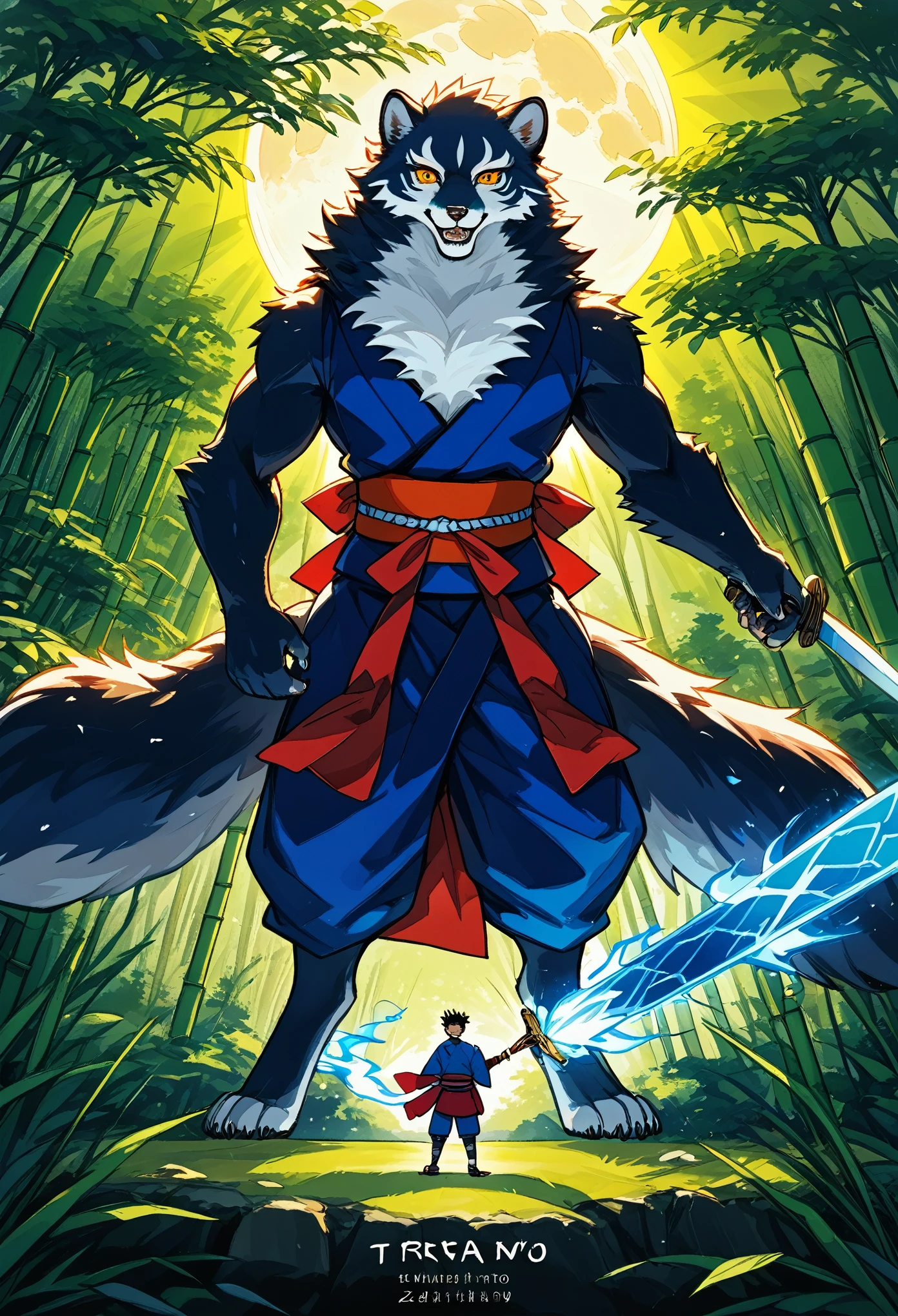 Top quality ultra-fine illustrations, movie posters, Zatoichi, Blind Swordsman(bamboo forest, dark night with beautiful full moon, rays of light through bamboo, backlighting, Tyndall phenomenon)(beautiful face and eyes, down to the details)Absurd perfect anatomy((Beastman))(furry, pairs, boy with girls on his back, Japan kimono, ninja, sword with blue flames, battle duels, concentration lines)(Furry Antro: 1.7)((((Furry body, animal facial features, animal body features)))) (((((Highly detailed fur of the animal)))))full body, sturdy look, shouting, combat regime (dynamic pose),