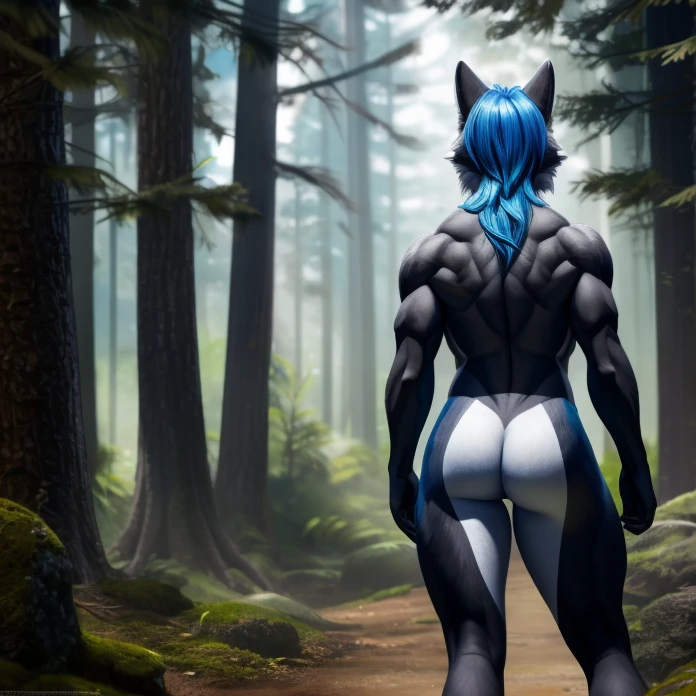 a anthro wolf in forest, grey fur, blue hair, muscles, highly detailed, 8K, solo, female, full body, stalking pose, two-tone fur, back turned posing