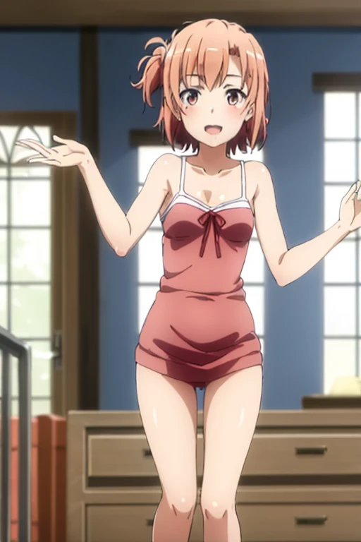 ((highest quality)), ((masterpiece)), (be familiar with), Perfect Face, indoor, Bedroom, Watching the audience,
One woman, Yuigahama Yui,
Open Mouth, Ecstatic expression, blush, smile,
Small breasts, Flat Chest, Young Girl, , , Girl,
Short Hair, Salmon-colored hair, Salmon-colored eyes, Side Pony,
Leg spread,
