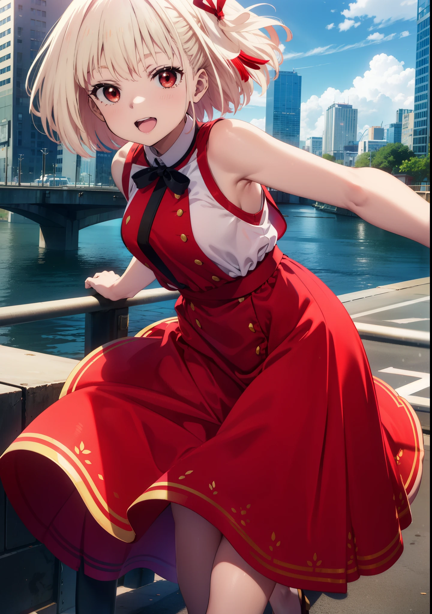 chisatonishikigi, Chisato Nishikigi, short hair, bangs, blonde, (Red eyes:1.5), Hair Ribbon, One side up, Bobcut,happy smile, smile, Open your mouth,
Open your mouth, Red sleeveless dress,Bare arms,Red long skirt,Cute Sandals,whole bodyがイラストに入るように,Daytime,sunny, walk,break looking at viewer,whole body, break outdoors, city,Area,bridge、 break (masterpiece:1.2), highest quality, High resolution, unity 8k wallpaper, (shape:0.8), (Beautiful details:1.6), Highly detailed face, Perfect lighting, Highly detailed CG, (Perfect hands, Perfect Anatomy),