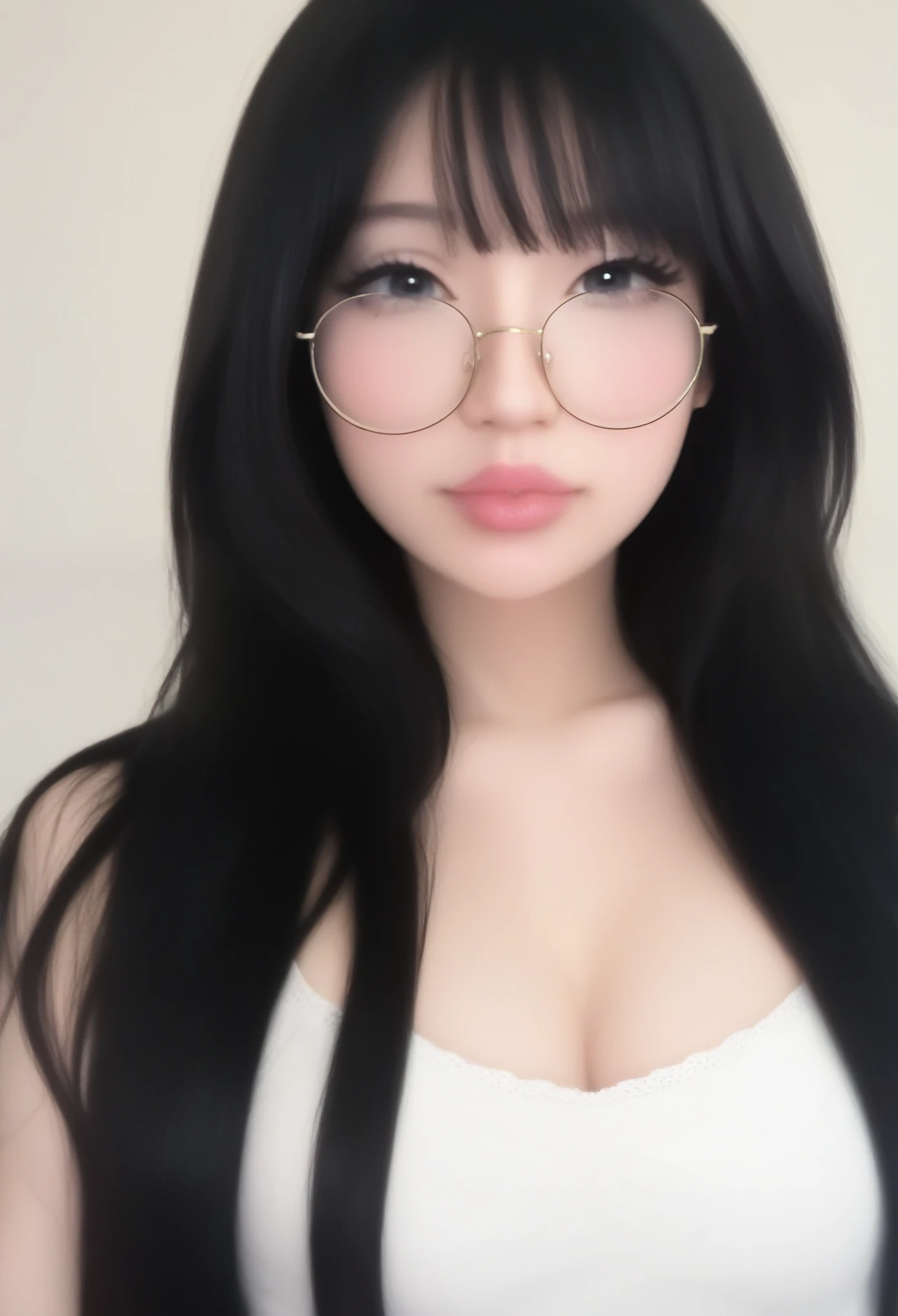 detailed, masterpiece, photo realistic, leelpipstan, yurasweb, big lips, lips, sexy lips, glasses, 1girl, black hair, long hair, solo, realistic, round eyewear, looking at viewer, black eyes, lips, dress, close up,