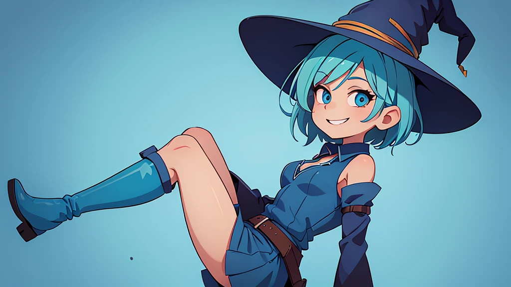 medium breast, Short blue hair. She has blue slanted eyes. Straight hair to the shoulder wearing a large witch hat. Wearing aqua blue laytex outfit with knee high heel, dark castle interior background, smiling, upper body portrait