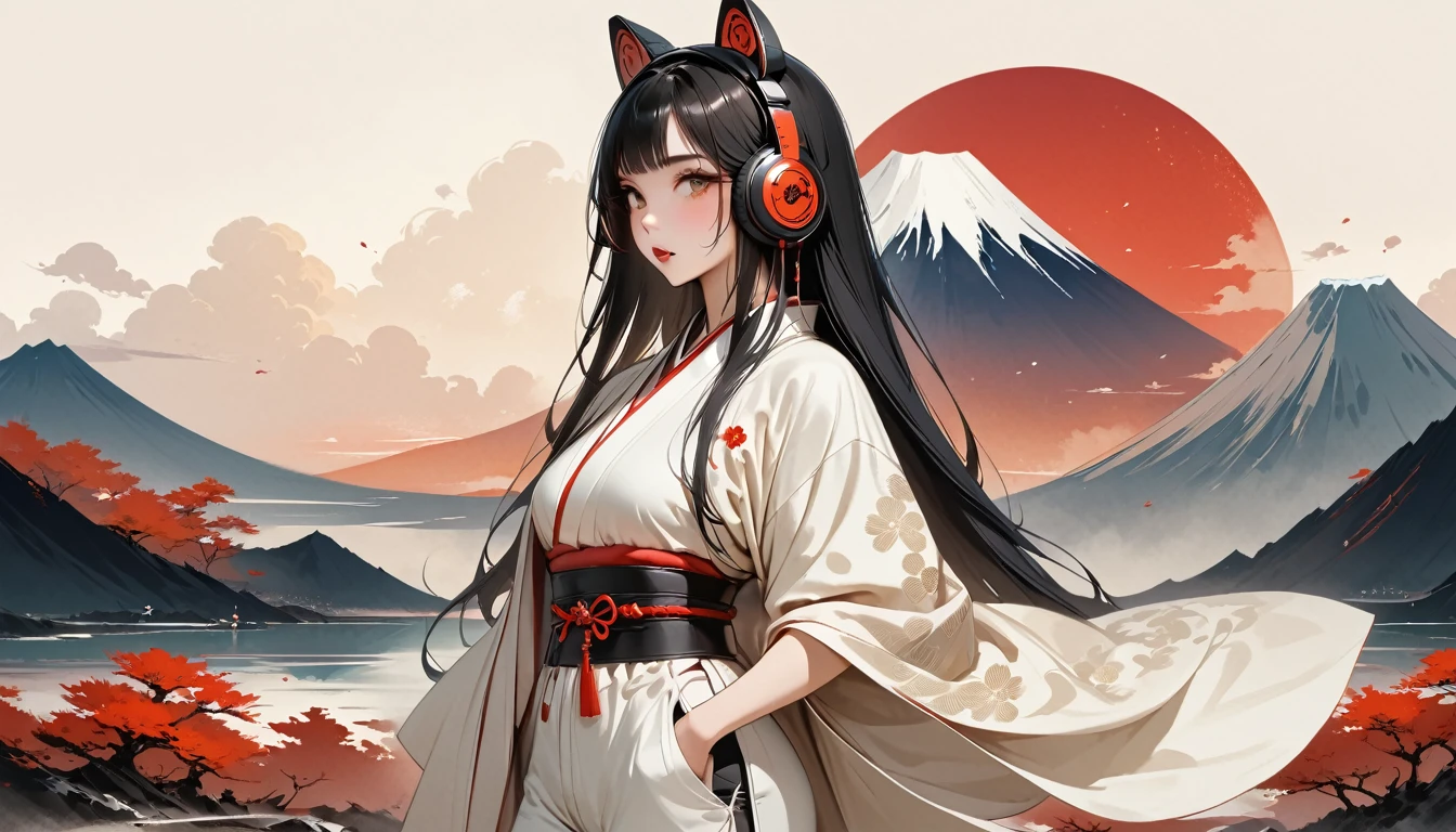 ((Masterpiece, high resolution, highest quality, highest quality real texture skin)), (wearing Japanese pattern headphones), (Very beautiful and attractive Japanese woman, 160cm tall, slender, double round big eyes, Slightly sticking out tongue, beautiful lips, whole body, hands in pockets: 1.5, Japanese-style shorts), Outer box: 1.2, (wearing Japanese-patterned haori: 1.4, Japanese-patterned micro-mini shorts: 1.3), ( Black hair, beautiful shiny hair, bob, beige skin), ((color background design, Mt. Fuji, Japanese pattern background, warm colors)), (surreal, digital painting),