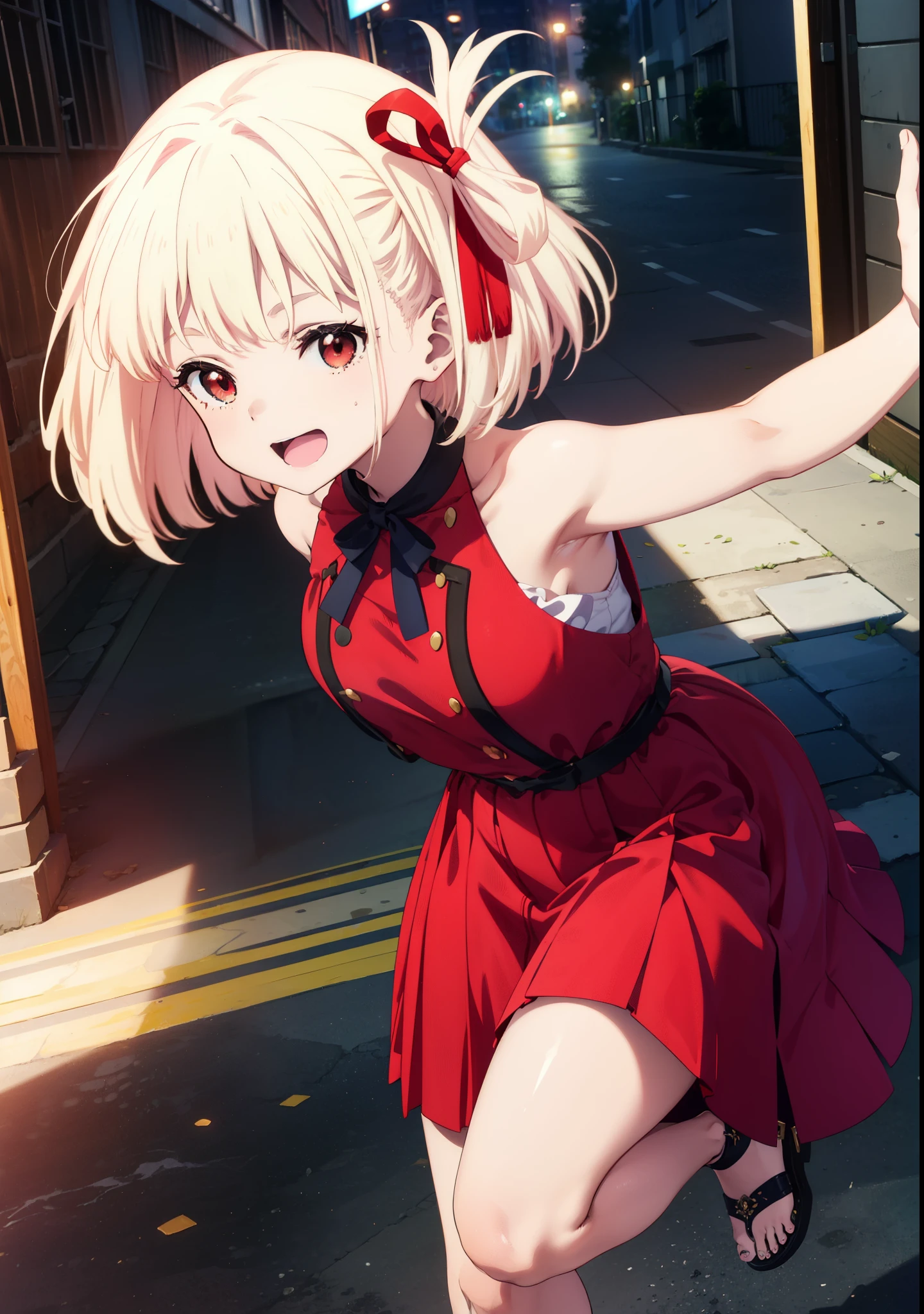 chisatonishikigi, Chisato Nishikigi, short hair, bangs, blonde, (Red eyes:1.5), Hair Ribbon, One side up, Bobcut,happy smile, smile, Open your mouth,
Open your mouth, Red sleeveless dress,Bare arms,Red long skirt,Cute Sandals,whole bodyがイラストに入るように,Daytime,sunny, walk,break looking at viewer,whole body, break outdoors, city,Area,bridge、 break (masterpiece:1.2), highest quality, High resolution, unity 8k wallpaper, (shape:0.8), (Beautiful details:1.6), Highly detailed face, Perfect lighting, Highly detailed CG, (Perfect hands, Perfect Anatomy),