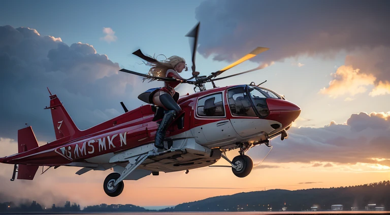 A stunning 33-year-old blonde stunt girl, dressed in a glamorous Wonder Woman outfit with red boots and gloves, expertly hangs with one arm onto the skid of a yellow Bölkow Bo-105 helicopter. The helicopter is part of "Peter's Stunt Show" as indicated by the inscription above. She is in the process of leaping from the helicopter towards the loading area of a shiny metallic red Dodge Ram pickup truck, both vehicles moving at high speed on a wet runway. The setting is the Zeltweg, Austria aerodrome during the Air Show 2024, where a lively and bustling atmosphere fills the air. The sun peeks through rainy clouds, casting dramatic beams of light on the scene. The vivid and fashionable ambiance is heightened by accurate spelling, lettering, scale, and proportion, fashion, photo, cinematic, architecture, illustration, 3d render, vibrant