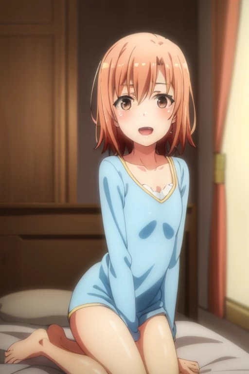 ((highest quality)), ((masterpiece)), (be familiar with), Perfect Face, indoor, Bedroom, Watching the audience,
One woman, Yuigahama Yui,
Open Mouth, Ecstatic expression, blush, smile,
Small breasts, Flat Chest, Young Girl, , , Girl,
Short Hair, Salmon-colored hair, Salmon-colored eyes, Side Pony,
Leg spread,