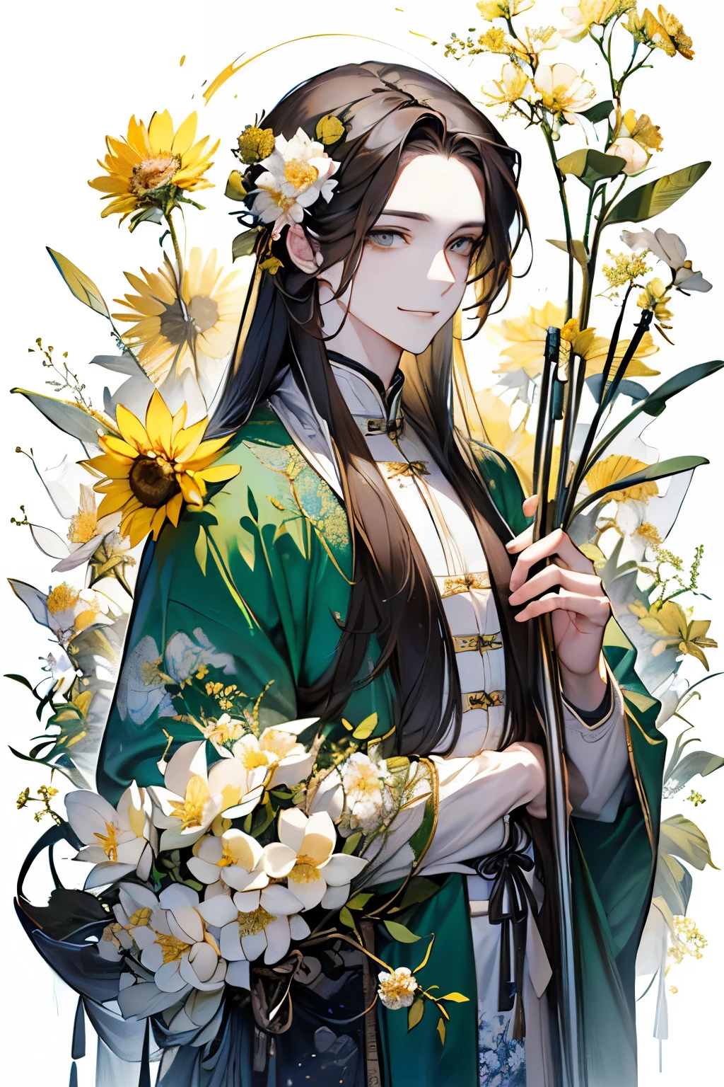 (old male:1.45)、(masterpiece、highest quality、highest quality、Beautiful and beautiful:1.2)、(Good anatomy:1.5)、Painting of a male with milky brown long hair、Shy smile、Sparkling Eyes、looking at the camera、Emerging from among the flowers and leaves、(sunny days:1.45)、(Lightgreen、yellow、black:1.2)、(Chinese concept:1.25)、(Back view:1.5)、Close-up of face、((full body:1.2))