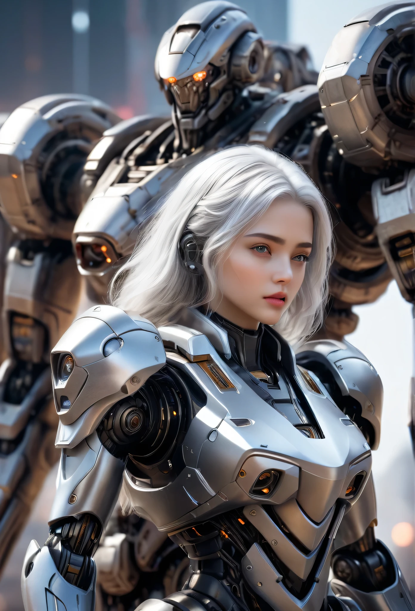 （（tmasterpiece，best qualtiy）），Beautiful 8K Ultra HD professional photos, Sharp focus, In a stunning fantasy world,Fully armed silver-haired girl and large mechanical robot structure，anatomy correct，Interstellar，Endless space，ssee-through，depth of fieldagnificent space image scene，