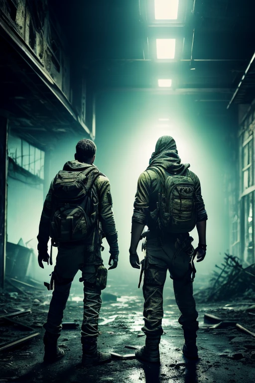a post-apocalyptic scene, two brothers exploring the radioactive wasteland, highly detailed, cinematic lighting, dramatic atmosphere, gritty textures, worn and weathered environment, abandoned buildings, decaying infrastructure, overgrown vegetation, radiation hazards, survival gear, tattered clothing, grime and rust, dynamic camera angles, vibrant color palette, warm and cool tones, dramatic shadows and highlights, volumetric lighting, depth of field, photorealistic, 8k, masterpiece