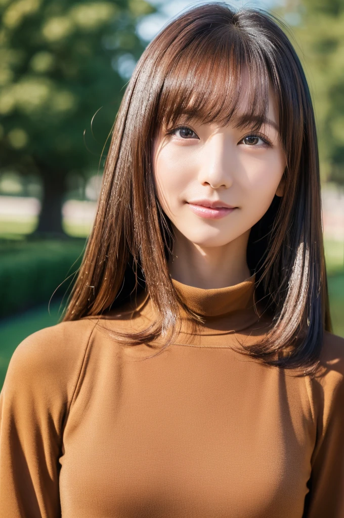 ((highest quality, In 8K, masterpiece:1.3)), Beautiful Japanese Women, Perfect body:1.4, Slim Abs:1.2, ((Medium Hair, Straight Hair:1.2)), (turtleneck:1.1), (Street:1.2), Wet body:1.5, Three-dimensional texture, Detailed eyes, Brown Hair, Very shiny hair, Backward view、The background is a blurred park