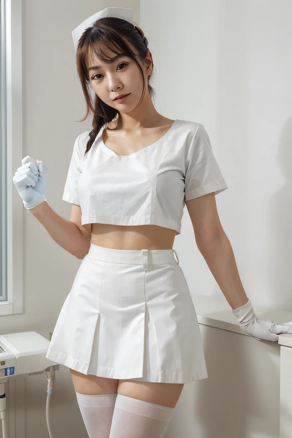 sayuri, 1girl, white nurse outfit, gloves, skirt, white pantyhose, beautiful, masterpiece, hospital