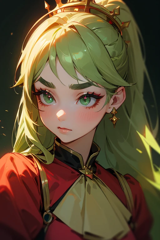(highest quality, masterpiece:1.2), High resolution, Very detailed, Realistic:1.37, Fantasy, An illustration, Green Eyes、Queen, Red dress.Platinum decoration、beautifully、Eyeshadow Red、Thick eyebrows、Long eyelashes、pupils are black、Her hair is light green、Gold crown、Kissing Face、Embarrassing、people々々々々々々Loved by、ponytail、Shoulder Bare、Surprised face、Braiding、perfection、Hair is dark green、