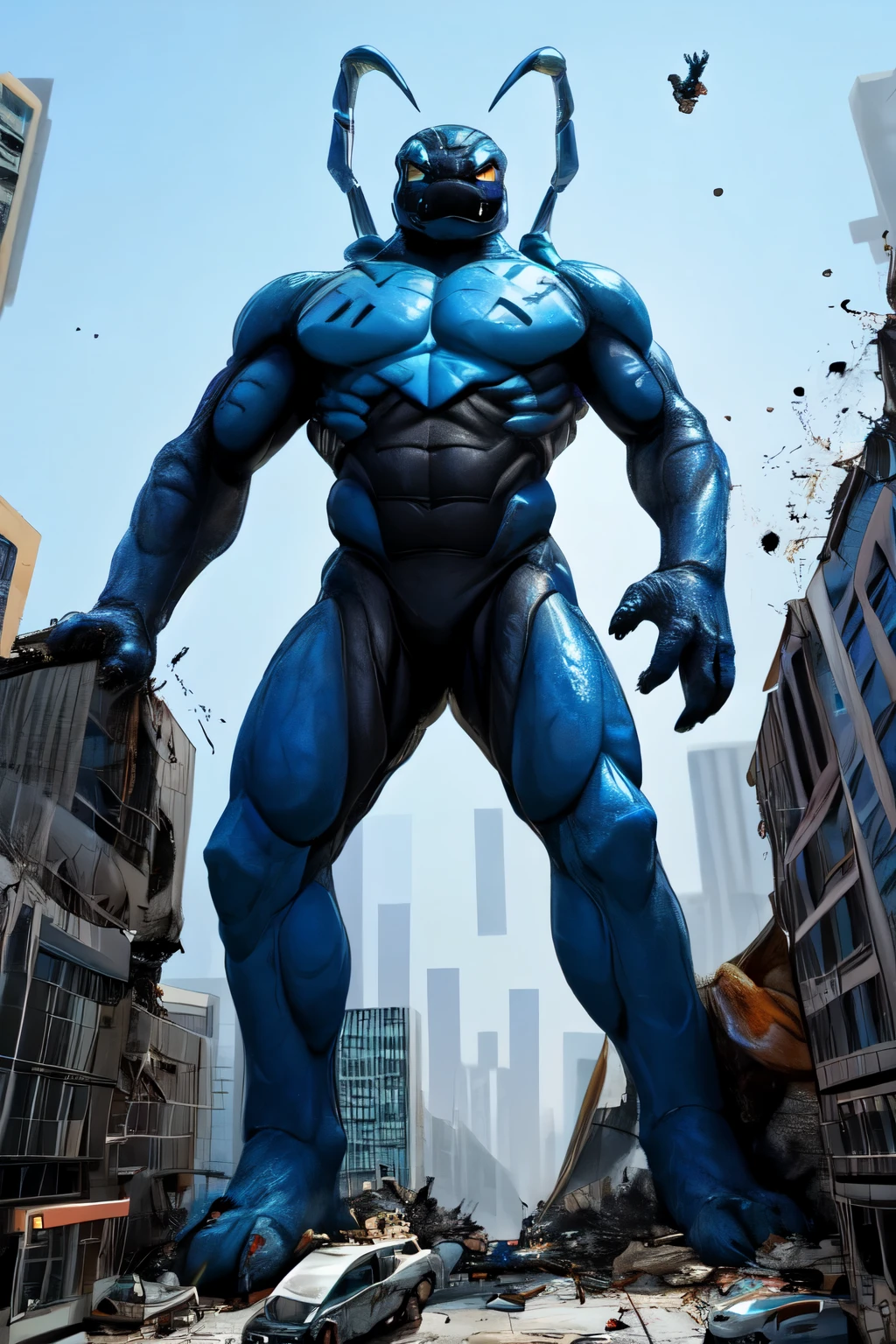 (full body), ((masterpiece,best quality)), (soft shading), absurdres, Blue_Beetle_DC, macro in city, destruction, raising his about to stomp the viewer, low perspective