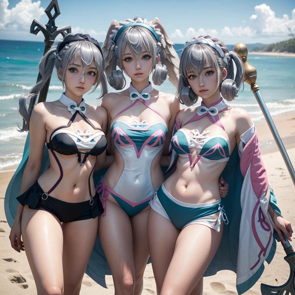 score_9, score_8 up, score_7 up, masterpiece, best quality, highly detailed, highres, 3girls, group, silver hair, curly hair, teal eyes, hair between eyes, medium hair, skirted swimwear, outdoors, beach, beautiful, holding a halberd