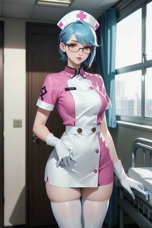 1woman, solo, nurse, nurse cap, white wear, ((white legwear, zettai ryouiki)), white gloves, glasses, blue hair, orange eyes, pink lips, standing, ((hospital room)), sharp outline, short sleeves, mature female, 32 years old, best quality, masterpiece