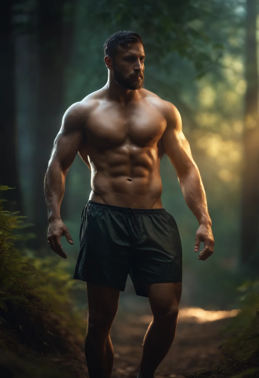 Man standing in the middle of a sunny road, wearing white underwear, muscular male hero, heroic male posture, muscular, perfect underwear, Super cool and cool, high resolution committee, Character design: morning runner, sneakers, strong attractive man, sun shining in the forest, looking up, U photographed by famous photographer in CANON 5D MARK, detailed skin with all the raw details ar 4:6 q 2 s 750 v 58k, 4k, ultra realistic, realistic, ray traced, scattering, light volumetric, 1 man, wet, in see-through underwear, epic, abandoned, night, film grain, (intricate detail), natural penis, Dark theme, magic circle, bubble, rainbow sunlight, underwater, reflected mirror, piece of floating glass, rainbow light, spinning bubble, spinning wind, Aurora, fantasy scenery, starlight around character, (upper body), male