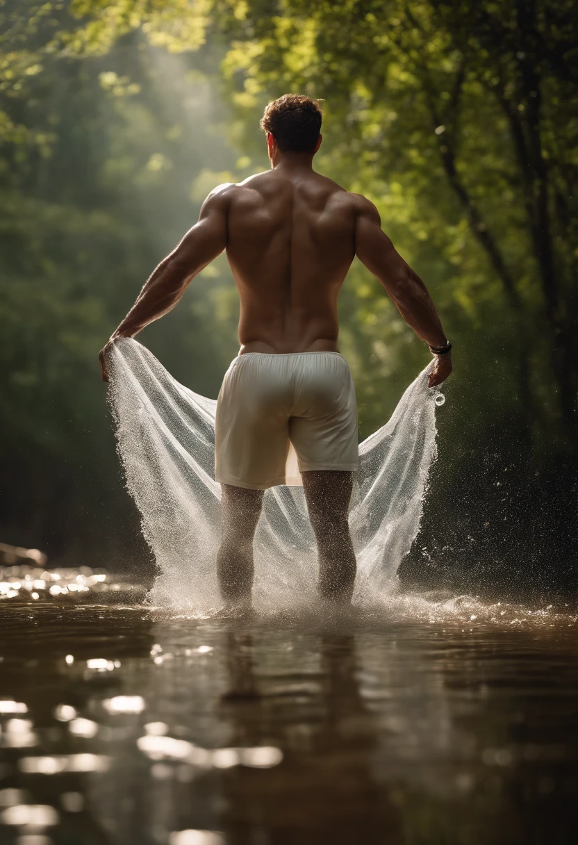 Man standing in the middle of a sunny road, wearing white underwear, muscular male hero, heroic male posture, muscular, perfect underwear, Super cool and cool, high resolution committee, Character design: morning runner, sneakers, strong attractive man, sun shining in the forest, looking up, U photographed by famous photographer in CANON 5D MARK, detailed skin with all the raw details ar 4:6 q 2 s 750 v 58k, 4k, ultra realistic, realistic, ray traced, scattering, light volumetric, 1 man, wet, in see-through underwear, epic, abandoned, night, film grain, (intricate detail), natural penis, Dark theme, magic circle, bubble, rainbow sunlight, underwater, reflected mirror, piece of floating glass, rainbow light, spinning bubble, spinning wind, Aurora, fantasy scenery, starlight around character, (upper body), male