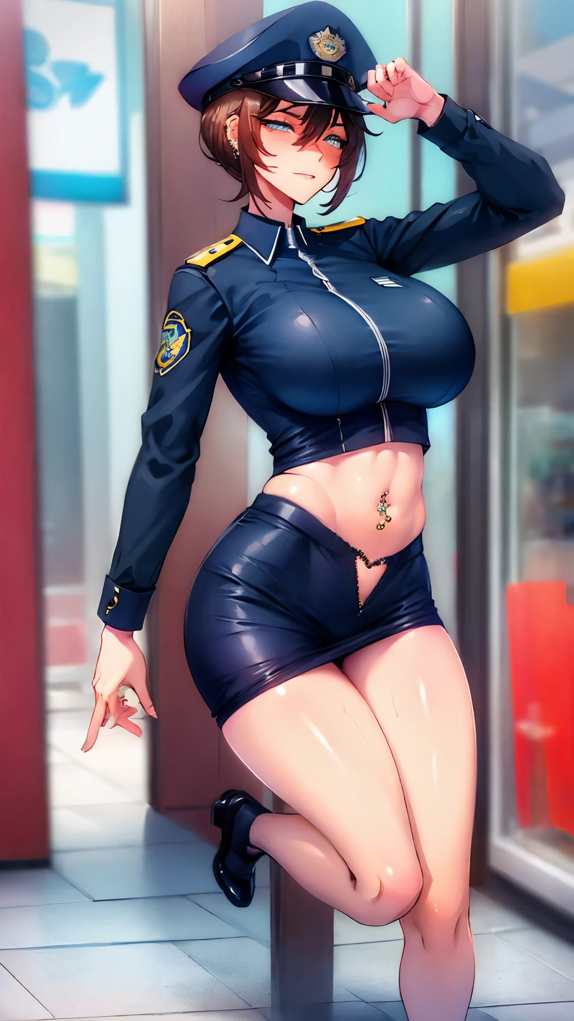 A sexy police girl named Emma, standing on the street, Wearing a police uniform, sexy police girl on road, sexy, beautiful girl, cute face, beautiful face, wearing American police uniform, big breasts, realistic, photorealistc, high quality, 4K, detailed face, ultra realistic, high quality: 1.9, fine eyes, stylish pose, sexy pose, photograph, Photograph, ((navel piercing))