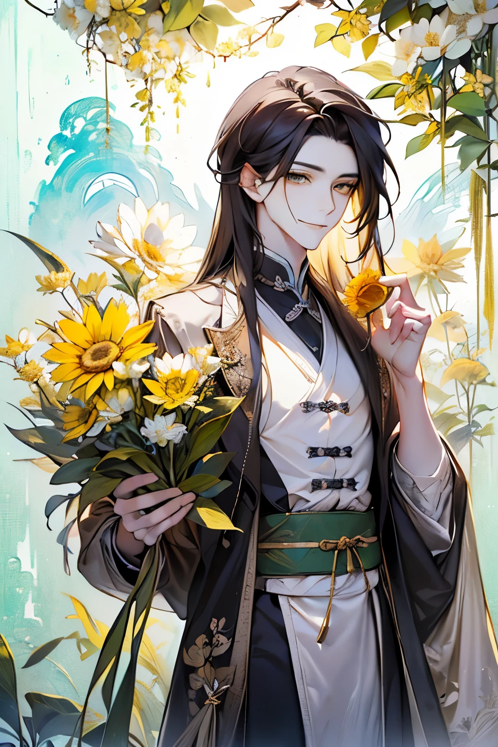 (old male:1.45)、(masterpiece、highest quality、highest quality、Beautiful and beautiful:1.2)、(Good anatomy:1.5)、Painting of a male with milky bronze long hair、Shy smile、Sparkling Eyes、looking at the camera、Emerging from among the flowers and leaves、(sunny days:1.45)、(Lightgreen、yellow、black:1.2)、(Chinese concept:1.25)、(Back view:1.5)、Close-up of face、((full body:1.2))