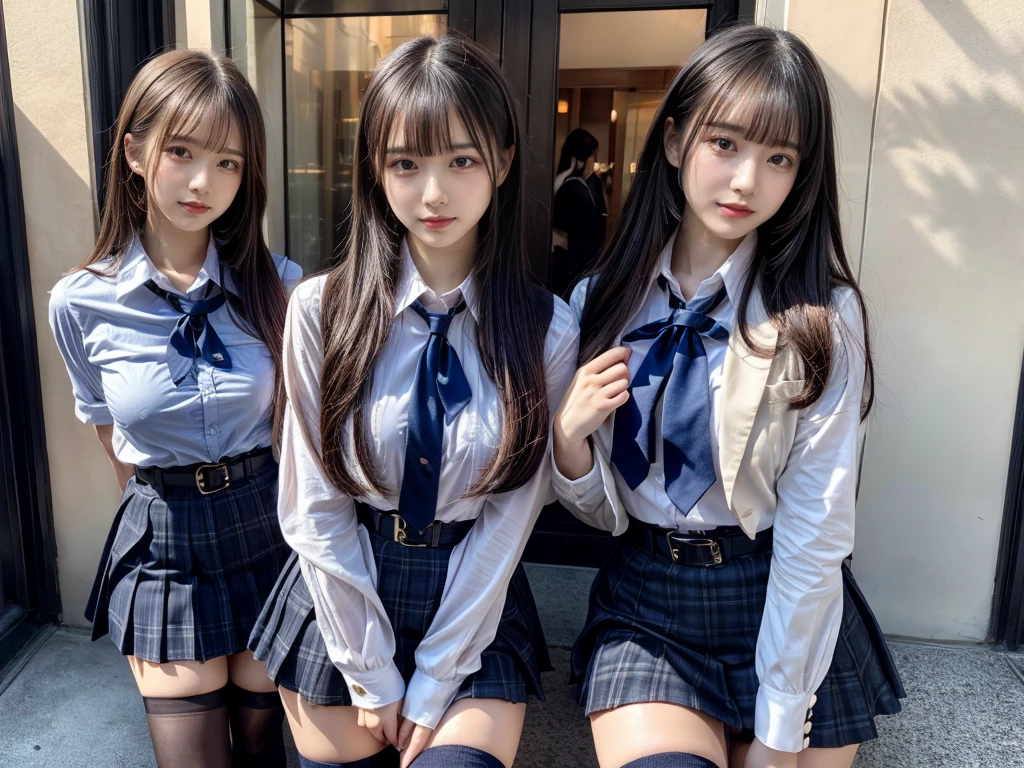 (8K, Raw photography, top-quality, ​masterpiece:1.2), master piece, best quality, illustration, Super detailed, fine details, High resolution, 8K,wall paper, perfect dynamic composition,(Details High quality, realistic depiction of eyes:1.3), ((2 girls, 2 schoolgirls)), The background is a luxury hotel room、High school girl uniform、blazer 、Super Short Check Uniform Skirt、Navy blue high socks、garterbelts、Colossal tits、Disturbed uniform, Play with each other,Touching each other's bodies,Touching the body of the girl next door, short bob hair, black hair color, huge breasts, Big Natural Color Lip, bold sexy pose, (perfect body shape), crying a little、cold gaze,  Beautiful makeup,glitter makeup,Cutest 18 years old, beautiful legs, hposing Gravure Idol, Voluptuous thighs