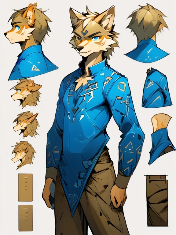 ( Absurdly , High quality , ultra detailed ) ,( hand detailed ) , 1boy, solo, teen, , (concept art, character sheet, character sketch),absurdres(highly detailed beautiful face and eyes)perfect anatomy, (Male yellow-gold wolf), (((lean-body))) ((thin body)) (fit), (dark-blue eyes, (adventure, fantasy type clothing ((red-shirt, blue jacket, khaki pants))) (lighter chest fur) (multiple views) (sketch), intense eyes, intense,  (concept art, character sheet)