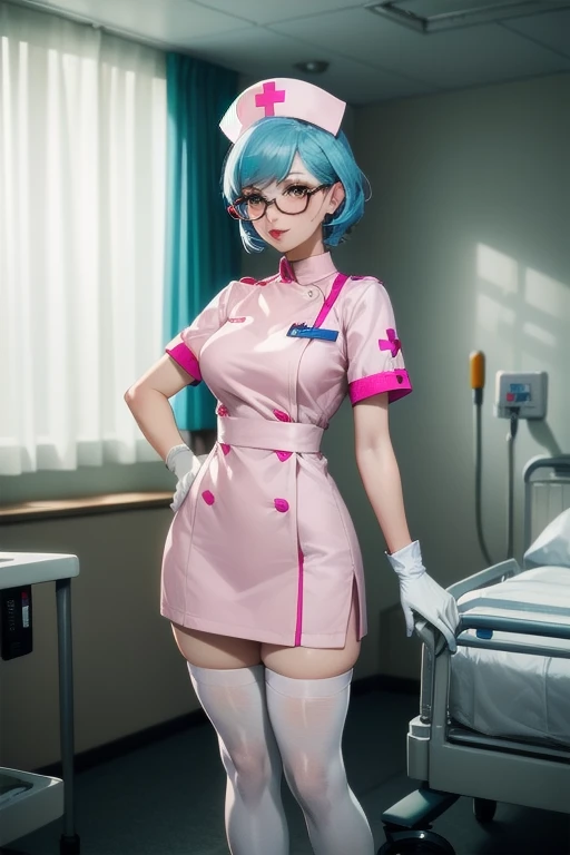 1woman, solo, nurse, nurse cap, white wear, ((white legwear, zettai ryouiki)), white gloves, glasses, blue hair, orange eyes, pink lips, standing, ((hospital room)), sharp outline, short sleeves, mature female, 32 years old, best quality, masterpiece