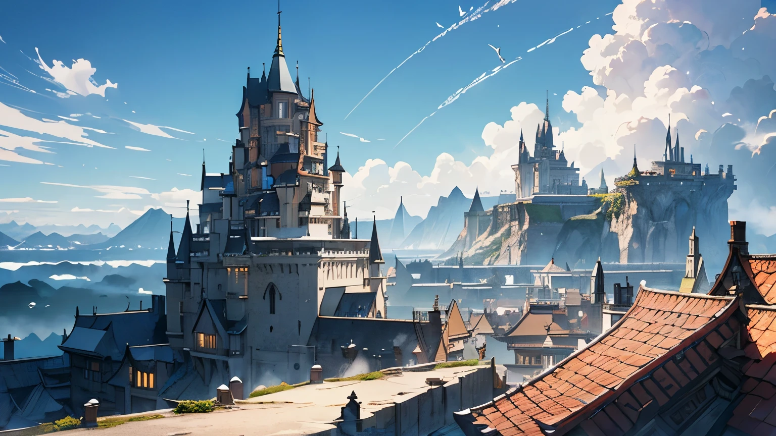 A fantasy city with white buildings and flying dragons, fantasy art style, anime aesthetic, fantasy architecture, a medieval city in the sky on top of mountains, a huge castle at its center, blue skies, white clouds, a wide shot, bird's eye view, high angle view, concept art by Artgerm, by WLOP, by Alphonse Mucha, by Greg Rutkowski, by Studio Ghibli, by Akihiko Yoshida, by key +!+ s peaks, highly detailed, intricate details, volumetric lighting, octane render, illustration, cinematic