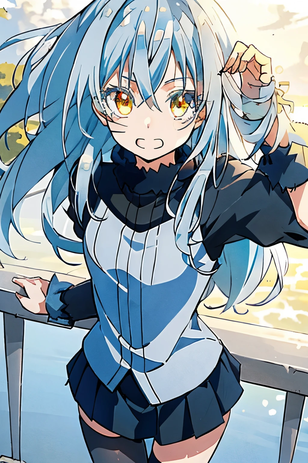 （Pretty sister:1.3, embarrassed face, spring atmosphere, small figure, noon, silver blue hair, deep golden eyes, Super detailed, small breasts, black miniskirt, white short sleeves,, extremely detailed, high quality, masterpiece