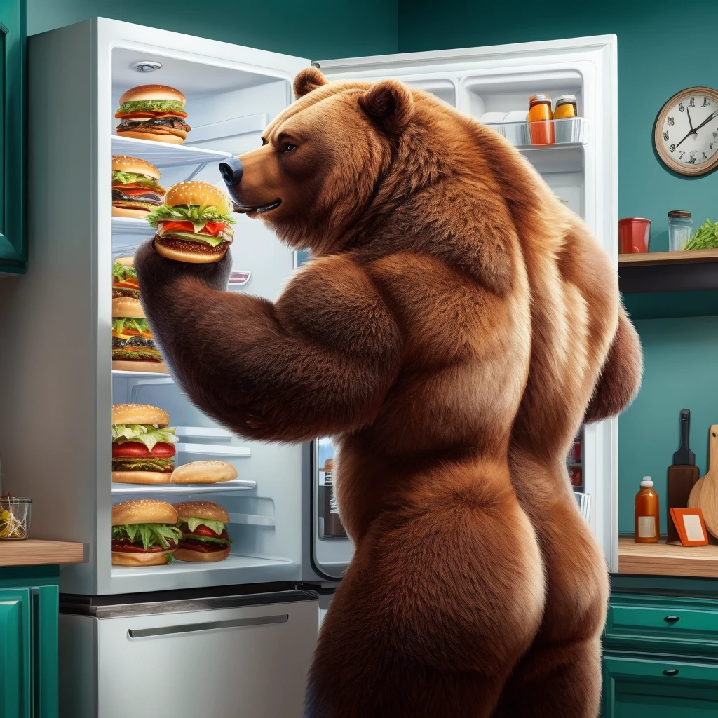 a grizzly bear in kitchen, eating burgers at fridge, brown fur, muscles, highly detailed, 8K, solo, male, full body, two-tone fur, back turned posing