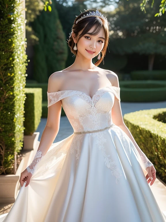 (Best quality: 1.5), (Realistic: 1.5), (1 person: 1.5), (Medium shot: 1.5), Highly detailed, High resolution, 8k, Medium breasts, Natural colored lips, Cute smile, Japanese woman, 20-year-old girl, beautiful and elegant features, perfect and beautiful face, large eyes with good balance between the left and right sides, brunette eyes, beautiful and elegant features, beautiful double eyelids, natural bangs, beautiful thin nose, beautiful skin, fair skin, (medium bob hair), natural bangs, perfect and beautiful face, slim face and figure, (looks at the camera with a sweet smile), bright lighting, professional lighting, forward lighting, princess line wedding dress, best Wearing a luxury bridal tiara (wearing a pure white off-shoulder wedding dress), luxury wedding dress, lace white gloves, bridal veil, (Western garden with beautiful roses), Western garden, holding the hem of the skirt,