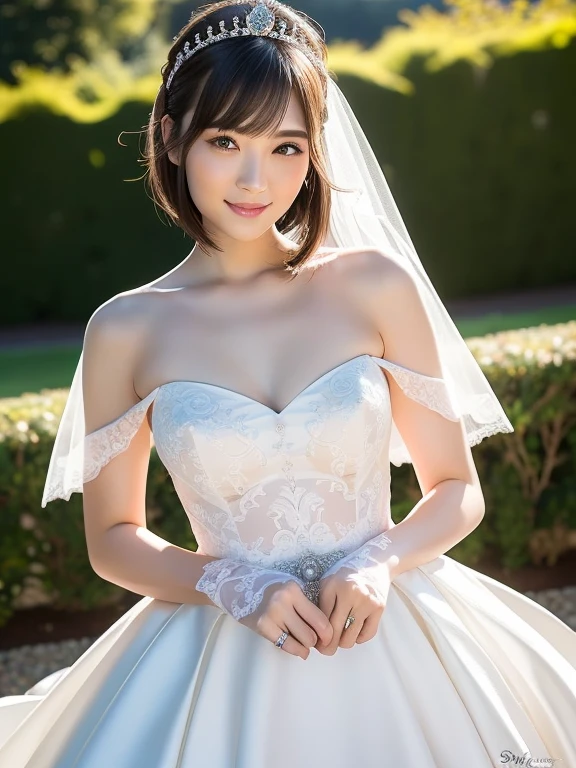 (Best quality: 1.5), (Realistic: 1.5), (1 person: 1.5), (Medium shot: 1.5), Highly detailed, High resolution, 8k, Medium breasts, Natural colored lips, Cute smile, Japanese woman, 20-year-old girl, beautiful and elegant features, perfect and beautiful face, large eyes with good balance between the left and right sides, brunette eyes, beautiful and elegant features, beautiful double eyelids, natural bangs, beautiful thin nose, beautiful skin, fair skin, (medium bob hair), natural bangs, perfect and beautiful face, slim face and figure, (looks at the camera with a sweet smile), bright lighting, professional lighting, forward lighting, princess line wedding dress, best Wearing a luxury bridal tiara (wearing a pure white off-shoulder wedding dress), luxury wedding dress, lace white gloves, bridal veil, (Western garden with beautiful roses), Western garden, holding the hem of the skirt,