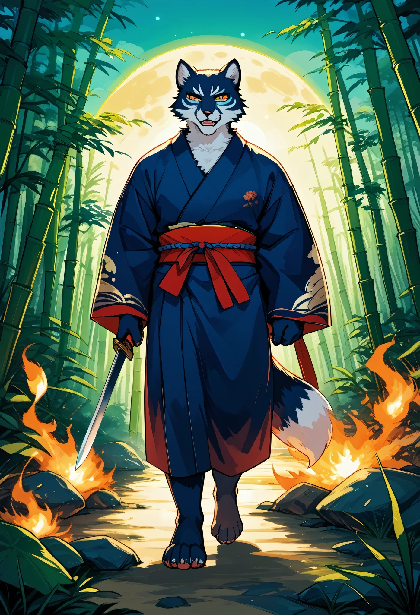 Top quality ultra-fine illustrations, movie posters, Zatoichi, Blind Swordsman(bamboo forest, dark night with beautiful full moon, rays of light through bamboo, backlighting, Tyndall phenomenon)(beautiful face and eyes, down to the details)Absurd perfect anatomy((Beastman))(furry, pairs, boy with girls on his back, Japan kimono, ninja, sword with blue flames, battle duels, concentration lines)(Furry Antro: 1.7)((((Furry body, animal facial features, animal body features)))) (((((Highly detailed fur of the animal)))))full body, sturdy look, shouting, combat regime (dynamic pose),