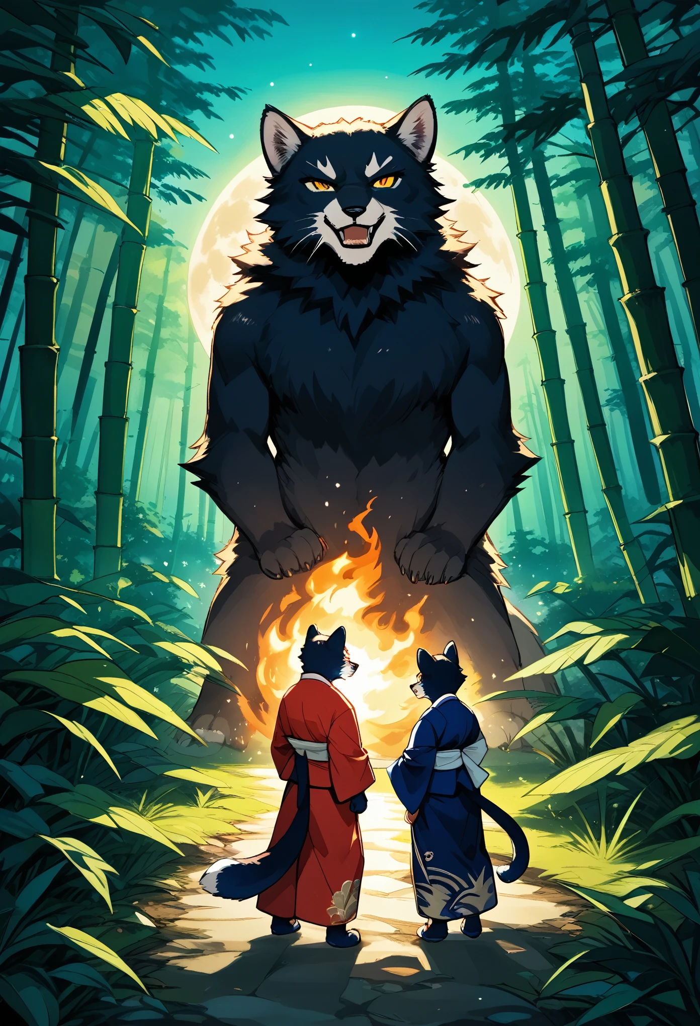 Top quality ultra-fine illustrations, movie posters, Zatoichi, Blind Swordsman(bamboo forest, dark night with beautiful full moon, rays of light through bamboo, backlighting, Tyndall phenomenon)(beautiful face and eyes, down to the details)Absurd perfect anatomy((Beastman))(furry, pairs, boy with girls on his back, Japan kimono, ninja, sword with blue flames, battle duels, concentration lines)(Furry Antro: 1.7)((((Furry body, animal facial features, animal body features)))) (((((Highly detailed fur of the animal)))))full body, sturdy look, shouting, combat regime (dynamic pose),