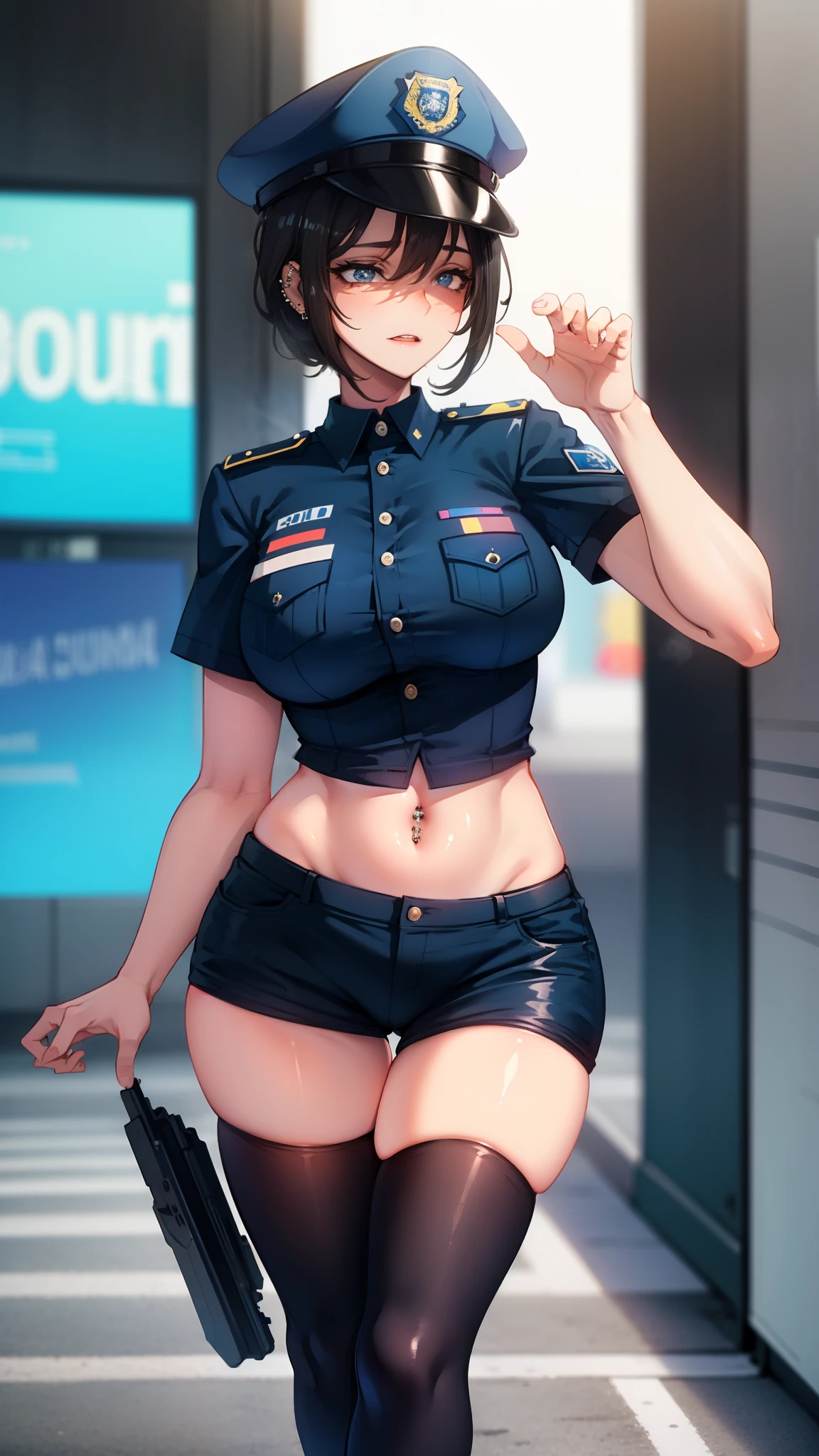 A sexy police girl named Emma, standing on the street, Wearing a police uniform, sexy police girl on road, sexy, beautiful girl, cute face, beautiful face, wearing American police uniform, big breasts, realistic, photorealistc, high quality, 4K, detailed face, ultra realistic, high quality: 1.9, fine eyes, stylish pose, sexy pose, photograph, Photograph, ((navel piercing))