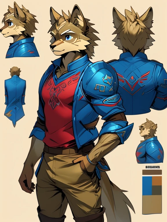 ( Absurdly , High quality , ultra detailed ) ,( hand detailed ) , 1boy, solo, teen, , (concept art, character sheet, character sketch),absurdres(highly detailed beautiful face and eyes)perfect anatomy, (Male yellow-gold wolf), (((lean-body))) ((thin body)) (fit), (dark-blue eyes, (adventure, fantasy type clothing ((red-shirt, blue jacket, khaki pants))) (lighter chest fur) (multiple views) (sketch), intense eyes, intense,  (concept art, character sheet)