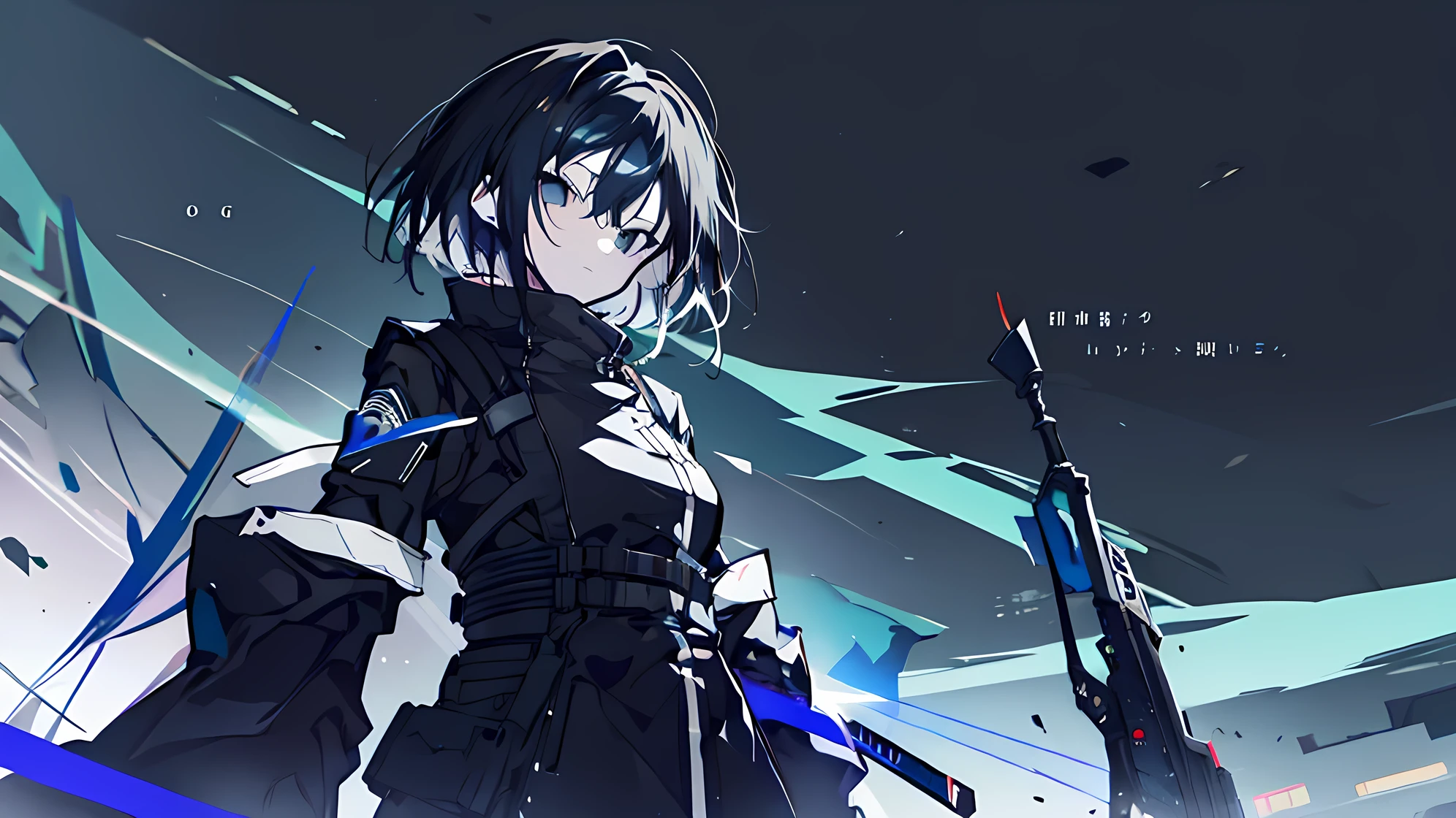 anime girl with long black hair and a sword in her hand, from arknights, badass anime 8 k, zerochan art, shigenori soejima illustration, black - haired mage, female action anime girl, fus rei, anime moe artstyle, arknights, by Jin Homura, gapmoe yandere grimdark, by Kamagurka, by Yang J, color scheme blue, simplistic, modern, y2k, anime idol with short black hair, (dynamic pose), techwear, angelical background, dark night, cloudy night, black eyes, clear sky