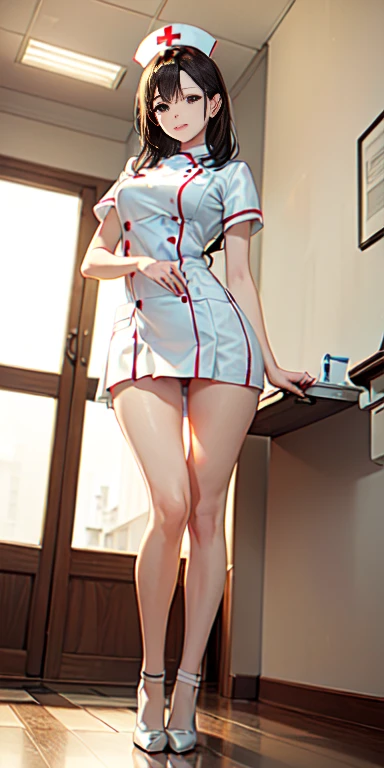 Brown hair, busty, nurse outfit, (close shot), lower body, thighs