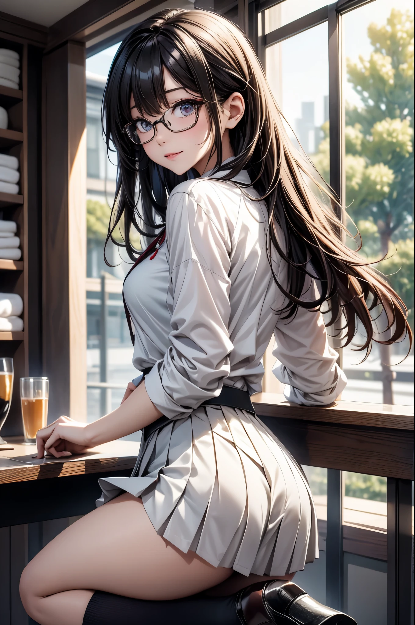 ((Marl)、inside in room、lightly dressed、Valley、full body Esbian、Beautiful legs)、(futaba sakura、orange color hair、Black-rimmed glasses、piece)、1girl in、master piece、japanaese girl、absurderes、hight resolution、ultra-detailliert、depth of fields、masterpiece、extremely details CG、3D Photography、3D background、Unity、8K、Hi-Res、top-quality、shadowy、foco nítido、pale-skinned、A detailed eye、blurry backround、dynamic ungle、Exaggeration of gloss、best super feat、a closed mouth、Look at viewers、cute smile face、Red cheeks、Beautiful woman painting by Naoyamae'painting of a、superclear