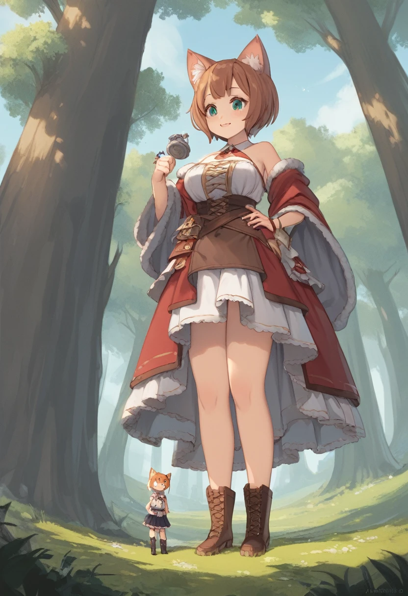 (brown skinned giantess), (catgirl), :3, gambeson, poor clothing, adventurer clothing , fluffy ears, (2girls:1.5), (height_difference:1.8), (size_difference:1.1), (tiny village in front of the closeup boots of a giantess), a tiny woman below the breasts of a giantess, forest background, simple background, (miniature woman in tiny village: 1.1), (tiny village: 1.5), super cute girl, (very tall: 1.1), (closeup breasts and face)