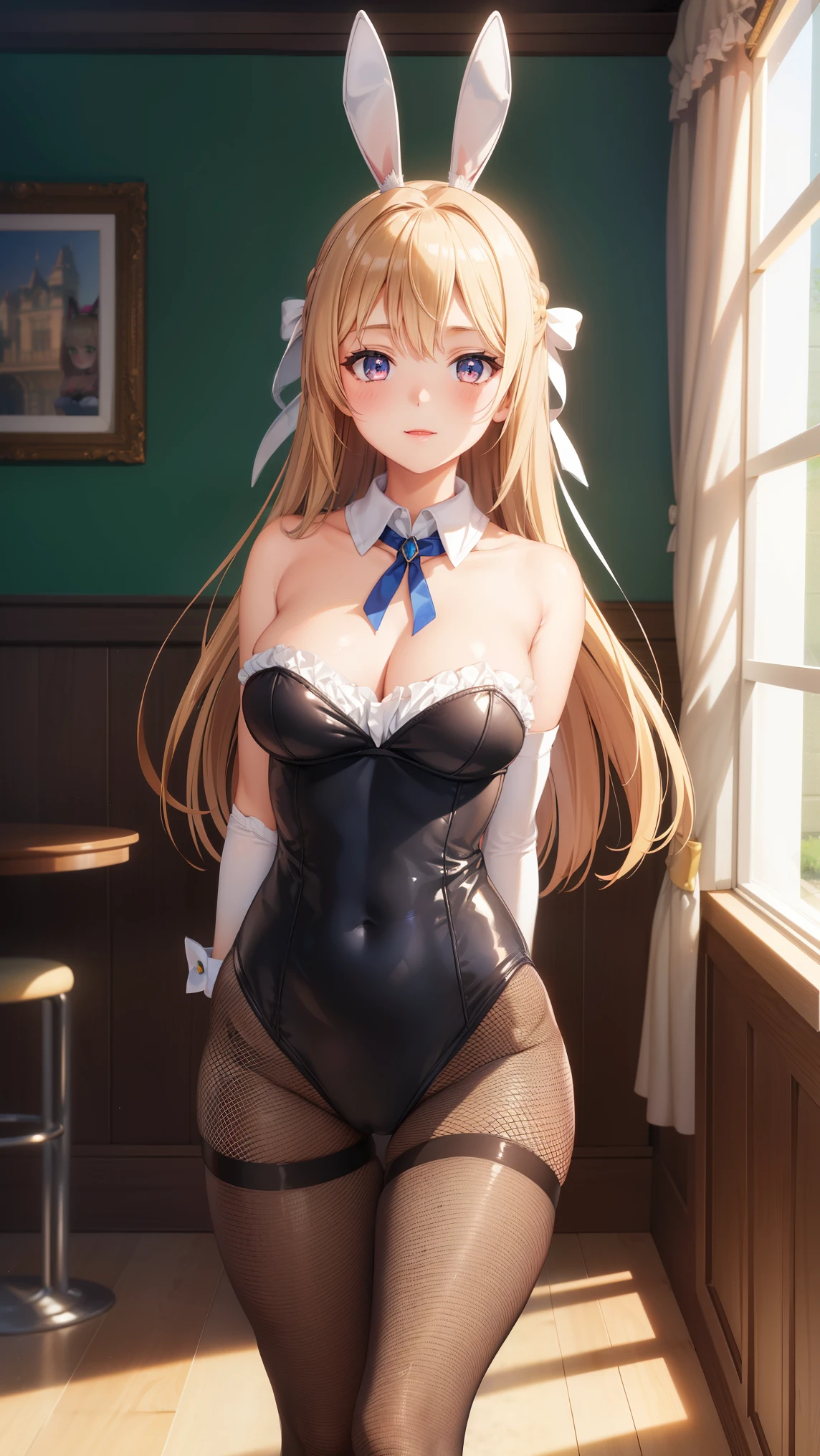 1girl, natural lighting, masterpiece, highly detailed, illustration, game CG, absurdres, high quality, beautiful detailed eyes, glossy lips, natural lighting, medium breasts, klaudia valentz, blush, light smile, cafe, strapless leotard, fishnet tights, bunny ears, pet collar