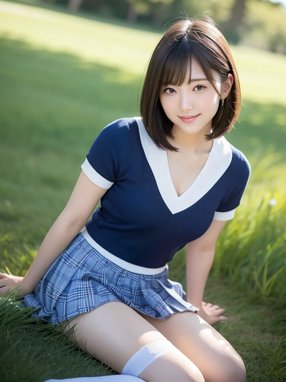 (Highest quality: 1.5), (Realistic: 1.5), (1 person: 1.5), Highly detailed, High resolution, 8k, Medium breasts, Natural colored lips, Cute smile, Japanese woman, 20 year old girl, Beautiful and graceful features, perfect and beautiful face, balanced big eyes, brunette eyes, beautiful and graceful features, natural double eyelids, natural bangs, beautiful thin nose, beautiful skin, medium bob hair, natural bangs , perfect and beautiful face, slim face and figure, summer blue sky, mountain grass park, look at the viewer, tight school sailor suit, (short sleeve school sailor suit), plaid pleated micro mini skirt, knee-high socks, Beautiful navel, open navel, wearing a school sailor uniform that shows the navel, high angle composition (looking at the camera with a sweet smile), bright lighting, professional lighting, forward lighting, beautiful legs: 1.2, smooth skin, slim body , slim waistline, slim thin thighs, (sitting on the grass), white clover blooming, cleavage,