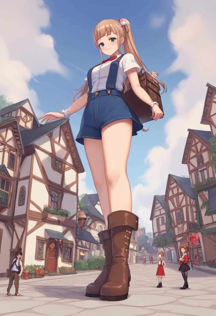 (brown skinned giantess), gambeson, poor clothing, adventurer clothing, super cute girly outfit, (2girls:1.5), (height_difference:1.8), (size_difference:1.1), (tiny village in front of the closeup boots of a giantess), a tiny woman below the breasts of a giantess, forest background, simple background, (miniature woman in tiny village: 1.1), (tiny village: 1.5), super cute girl, (very tall: 1.1), (giantess in the background: 1.1)