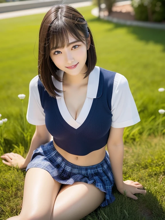 (Highest quality: 1.5), (Realistic: 1.5), (1 person: 1.5), Highly detailed, High resolution, 8k, Medium breasts, Natural colored lips, Cute smile, Japanese woman, 20 year old girl, Beautiful and graceful features, perfect and beautiful face, balanced big eyes, brunette eyes, beautiful and graceful features, natural double eyelids, natural bangs, beautiful thin nose, beautiful skin, medium bob hair, natural bangs , perfect and beautiful face, slim face and figure, summer blue sky, mountain grass park, look at the viewer, tight school sailor suit, (short sleeve school sailor suit), plaid pleated micro mini skirt, knee-high socks, Beautiful navel, open navel, wearing a school sailor uniform that shows the navel, high angle composition (looking at the camera with a sweet smile), bright lighting, professional lighting, forward lighting, beautiful legs: 1.2, smooth skin, slim body , slim waistline, slim thin thighs, (sitting on the grass), white clover blooming, cleavage,