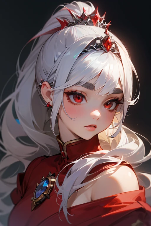 (highest quality, masterpiece:1.2), High resolution, Very detailed, Realistic:1.37, Fantasy, An illustration, Hair is whiteいです、Red eyes、Queen, Red dress.Platinum decoration、beautifully、Eyeshadow Red、Thick eyebrows、Long eyelashes、pupils are black、Hair is whiteい、Kissing Face、Embarrassing、Loved、ponytail、Hair is white、very cute、Shoulder Bare、platinum tiara、Beautiful hair ornaments、