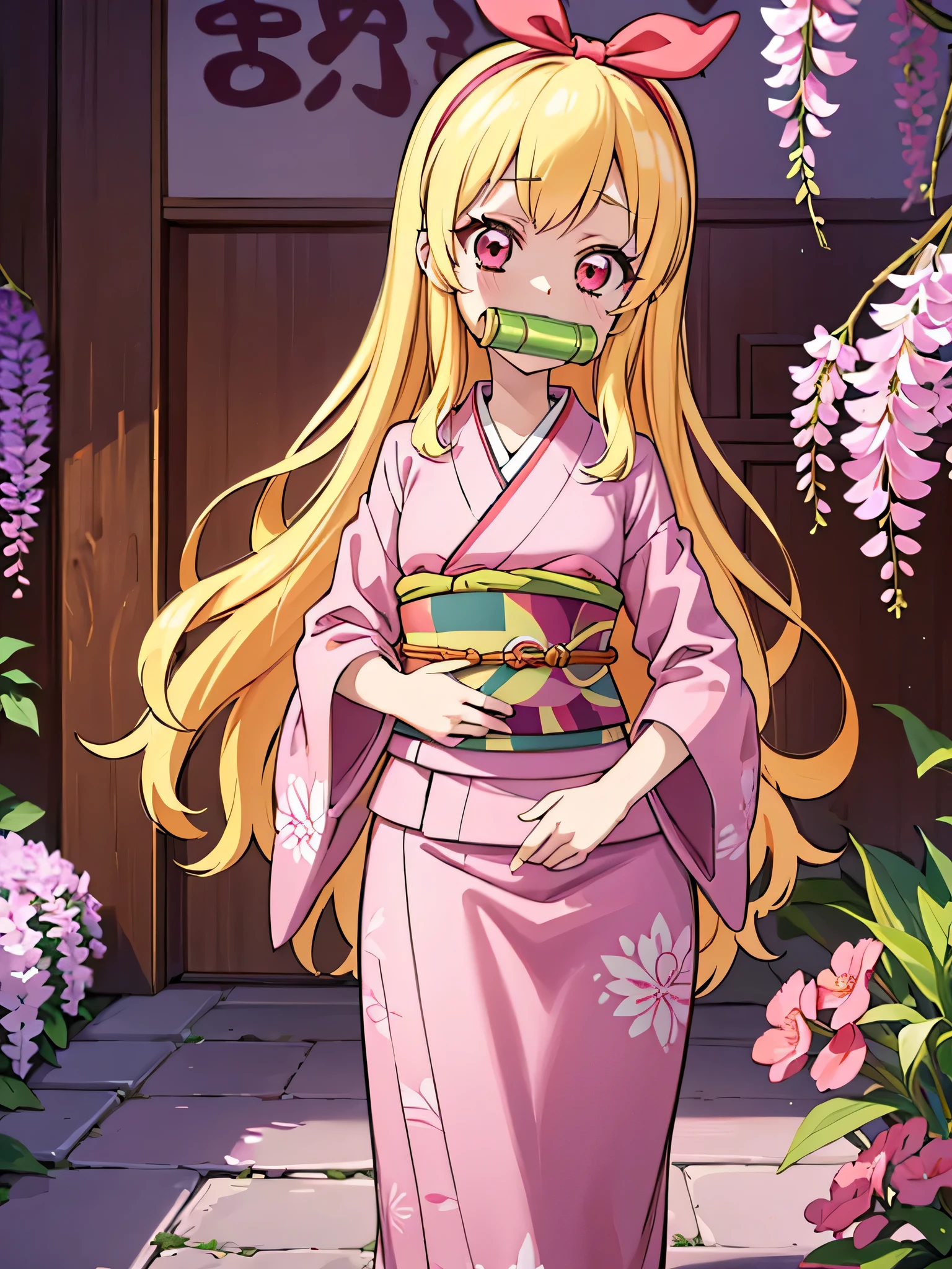 masterpiece, (pink kimono), seductive face, good lighting, low-cut, fine details, masterpiece, glowing eyes, 1girl,Blonde hair, gag, bamboo, Nezuko Kamado, wisteria background, masterpiece, best quality, POV, whole body, wide hips,hosimiya ichigo