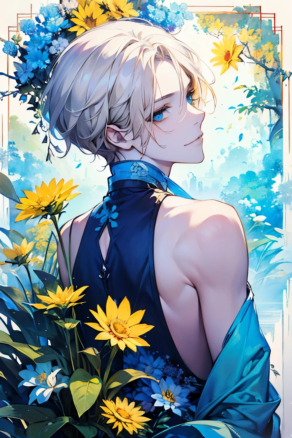 (old male:1.45)、(masterpiece、highest quality、highest quality、Beautiful and beautiful:1.2)、(Good anatomy:1.5)、Painting of a male with milky blonde long hair、Shy smile、Sparkling Eyes、dark eyes、looking at the camera、Emerging from among the flowers and leaves、(sunny days:1.45)、(Lightgreen、yellow、Blue、black:1.2)、(Chinese concept:1.25)、(Back view:1.5)、Close-up of face、((full body:1.2))