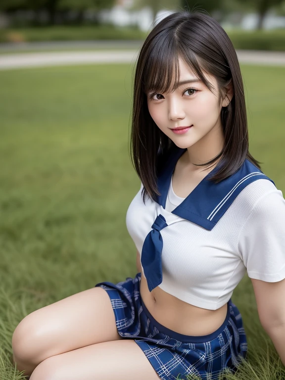 (Highest quality: 1.5), (Realistic: 1.5), (1 person: 1.5), Highly detailed, High resolution, 8k, Medium breasts, Natural colored lips, Cute smile, Japanese woman, 20 year old girl, Beautiful and graceful features, perfect and beautiful face, balanced big eyes, brunette eyes, beautiful and graceful features, natural double eyelids, natural bangs, beautiful thin nose, beautiful skin, medium bob hair, natural bangs , perfect and beautiful face, slim face and figure, summer blue sky, mountain grass park, look at the viewer, tight school sailor suit, (short sleeve school sailor suit), plaid pleated micro mini skirt, knee-high socks, Beautiful navel, open navel, wearing a school sailor uniform that shows the navel, high angle composition (looking at the camera with a sweet smile), bright lighting, professional lighting, forward lighting, beautiful legs: 1.2, smooth skin, slim body , slim waistline, slim thin thighs, (sitting on the grass), white clover blooming, cleavage,