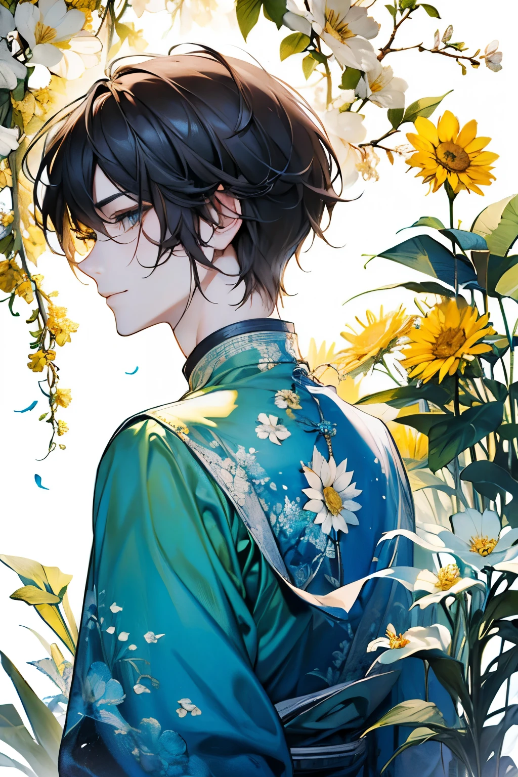 (old male:1.45)、(masterpiece、highest quality、highest quality、Beautiful and beautiful:1.2)、(Good anatomy:1.5)、Painting of a male with milky blonde long hair、Shy smile、Sparkling Eyes、dark eyes、looking at the camera、Emerging from among the flowers and leaves、(sunny days:1.45)、(Lightgreen、yellow、Blue、black:1.2)、(Chinese concept:1.25)、(Back view:1.5)、Close-up of face、((full body:1.2))